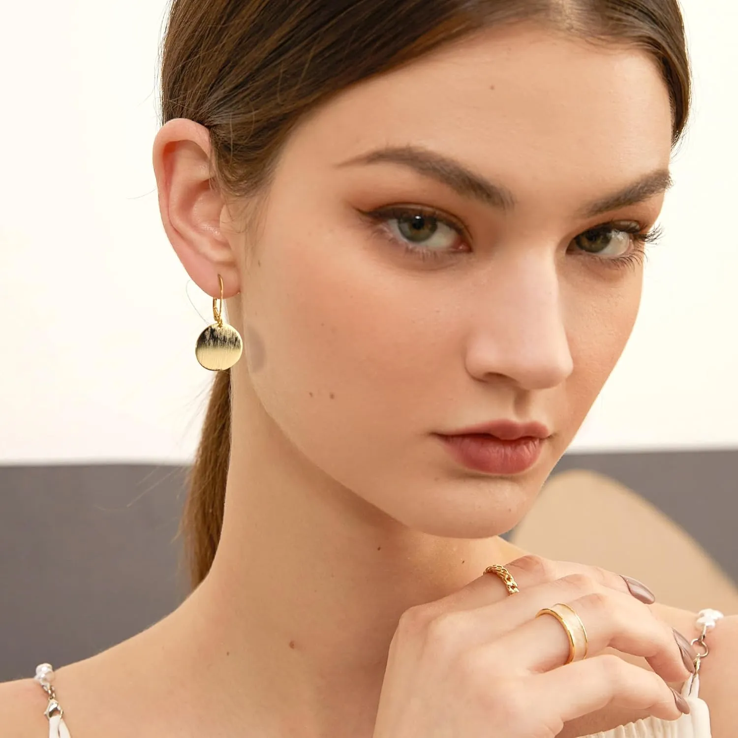 14K Gold Dangle Earrings for WomenLightweight Circle Disc Coin Geometric Flat Brushed Drop Earrings, Hypoallergenic Leverback Earrings S925 Jewelry