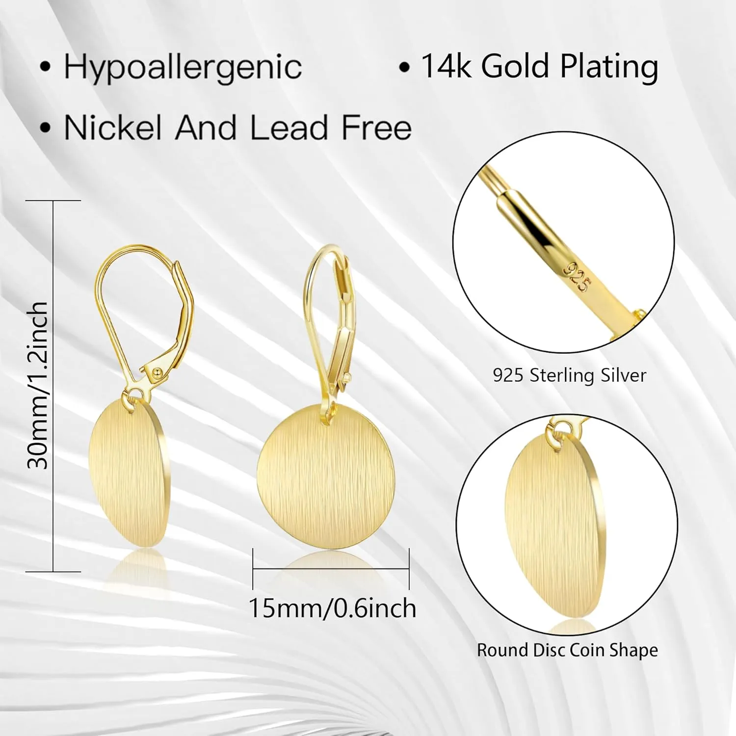 14K Gold Dangle Earrings for WomenLightweight Circle Disc Coin Geometric Flat Brushed Drop Earrings, Hypoallergenic Leverback Earrings S925 Jewelry