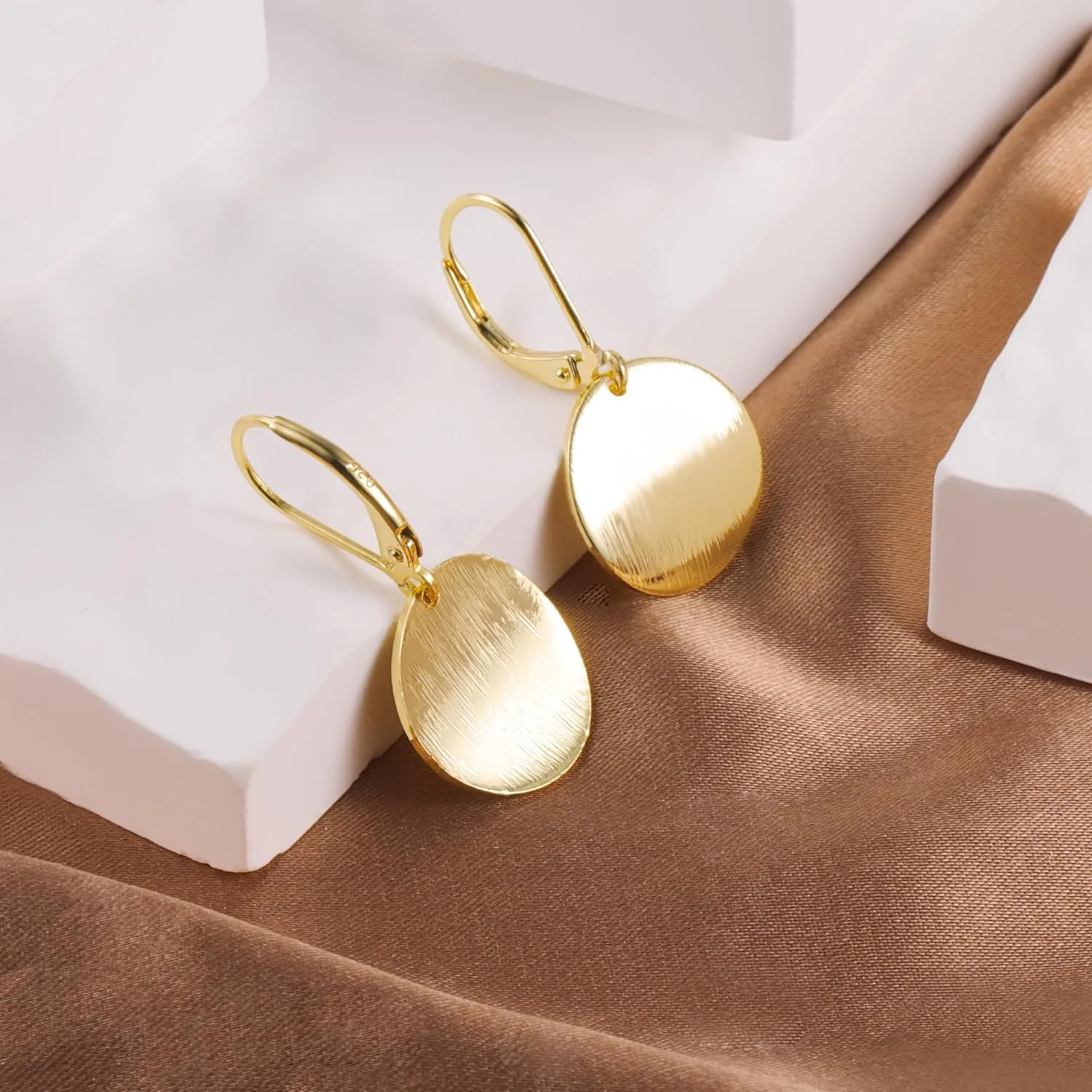 14K Gold Dangle Earrings for WomenLightweight Circle Disc Coin Geometric Flat Brushed Drop Earrings, Hypoallergenic Leverback Earrings S925 Jewelry