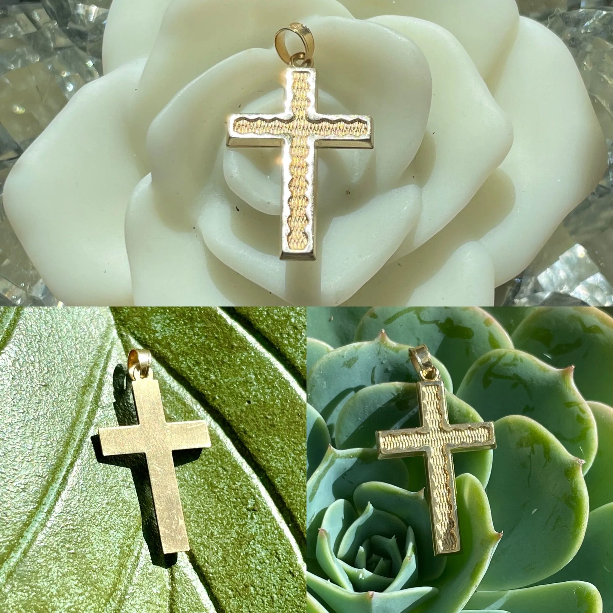 14K Yellow Gold Textured Wave Religious Christian Catholic Cross Charm Pendant