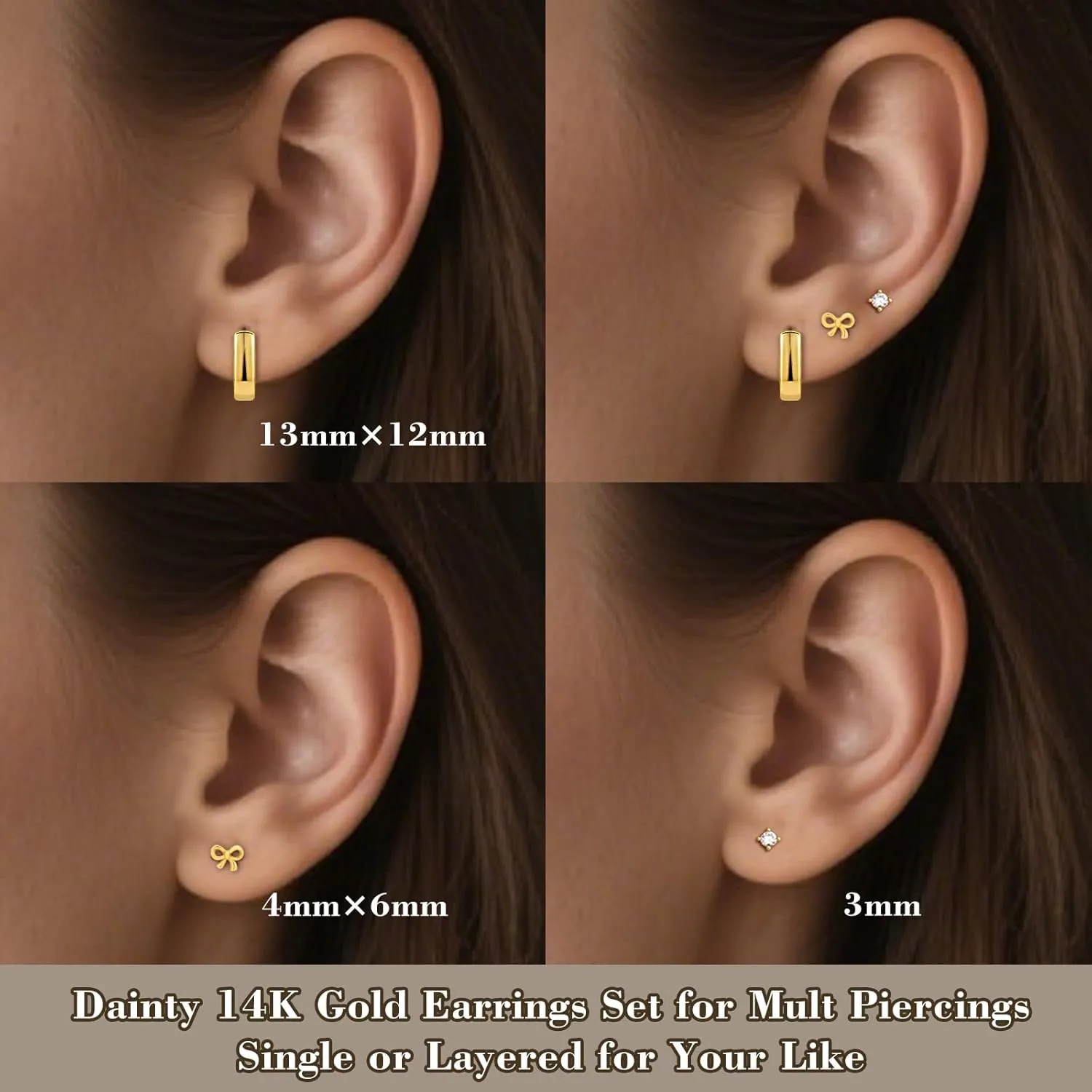 3 Pairs 925 Sterling Silver Earrings for Women, Simple 14K Gold Plated Bow CZ Stud Earring Square Huggie Hoop Earring Set, Cute Small Gold Stacked Earrings for Women Minimalists, Pack of 3 Pairs