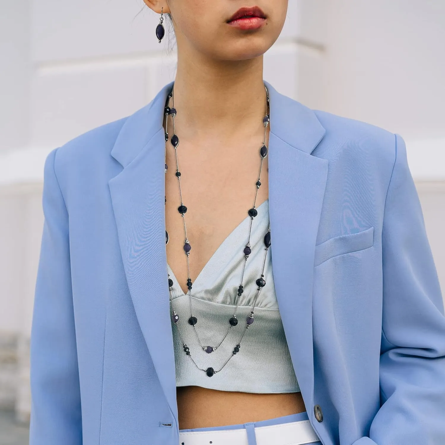 Coiris 2 Layer Illusion Wire Beaded long Collar Statement Necklace with Earrings Long Necklace for Women