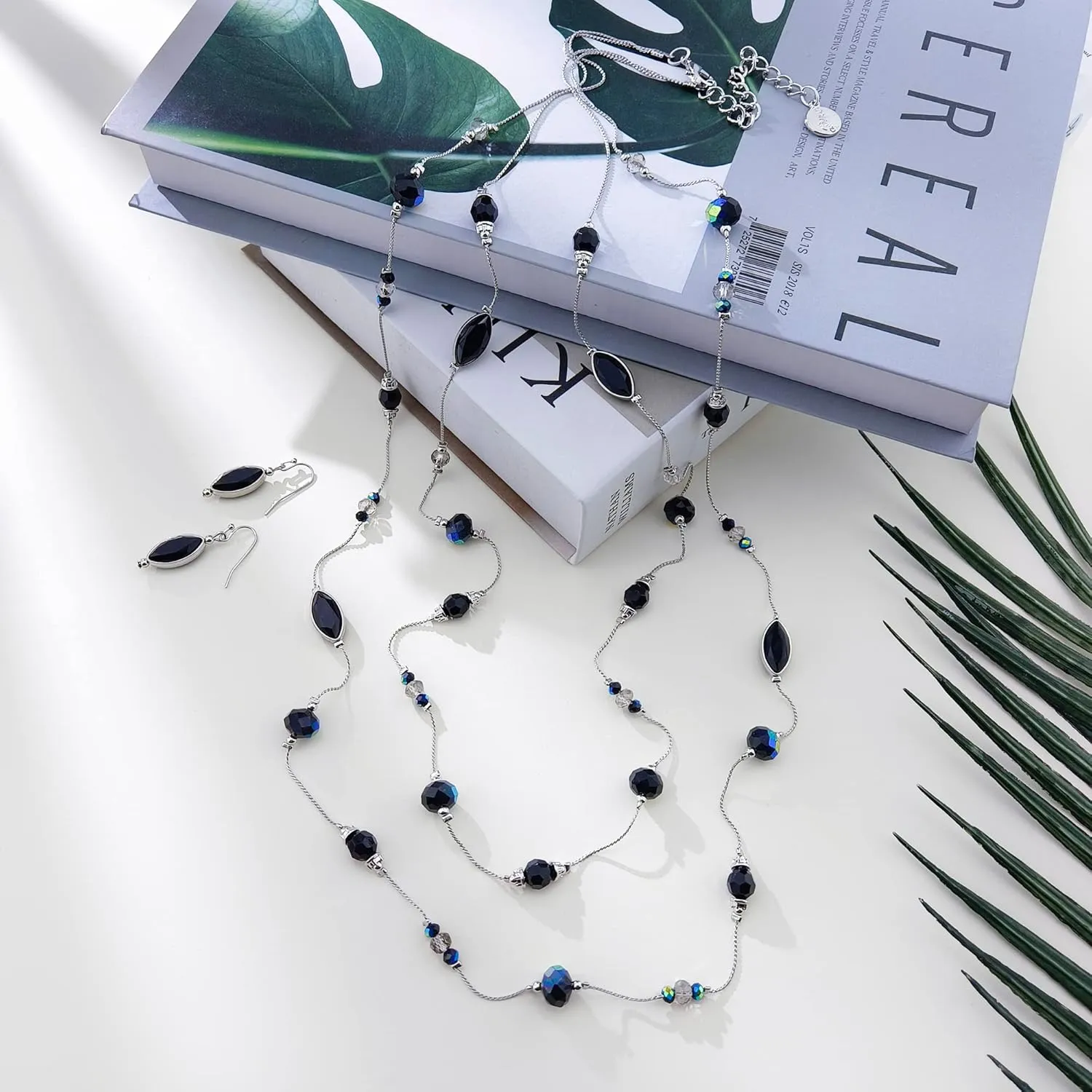 Coiris 2 Layer Illusion Wire Beaded long Collar Statement Necklace with Earrings Long Necklace for Women