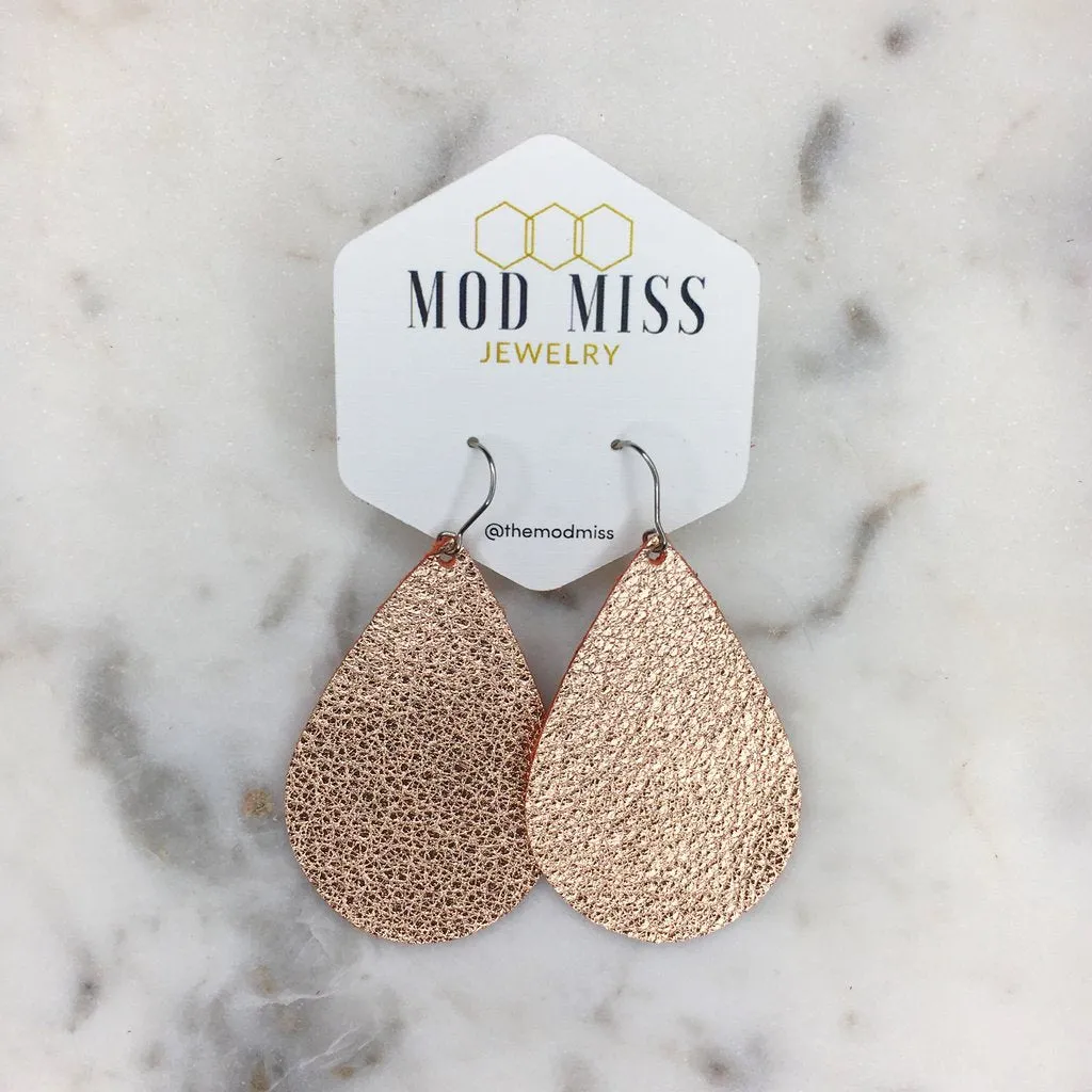 Jill Metallic Rose Gold Leather Teardrop Earrings