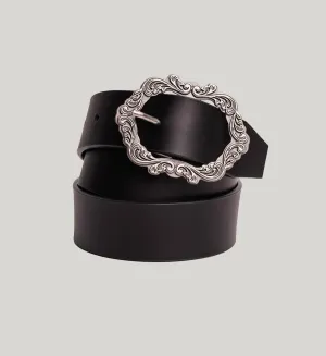 Silver Womens Genuine Leather Belt With Picture Frame Buckle In Black