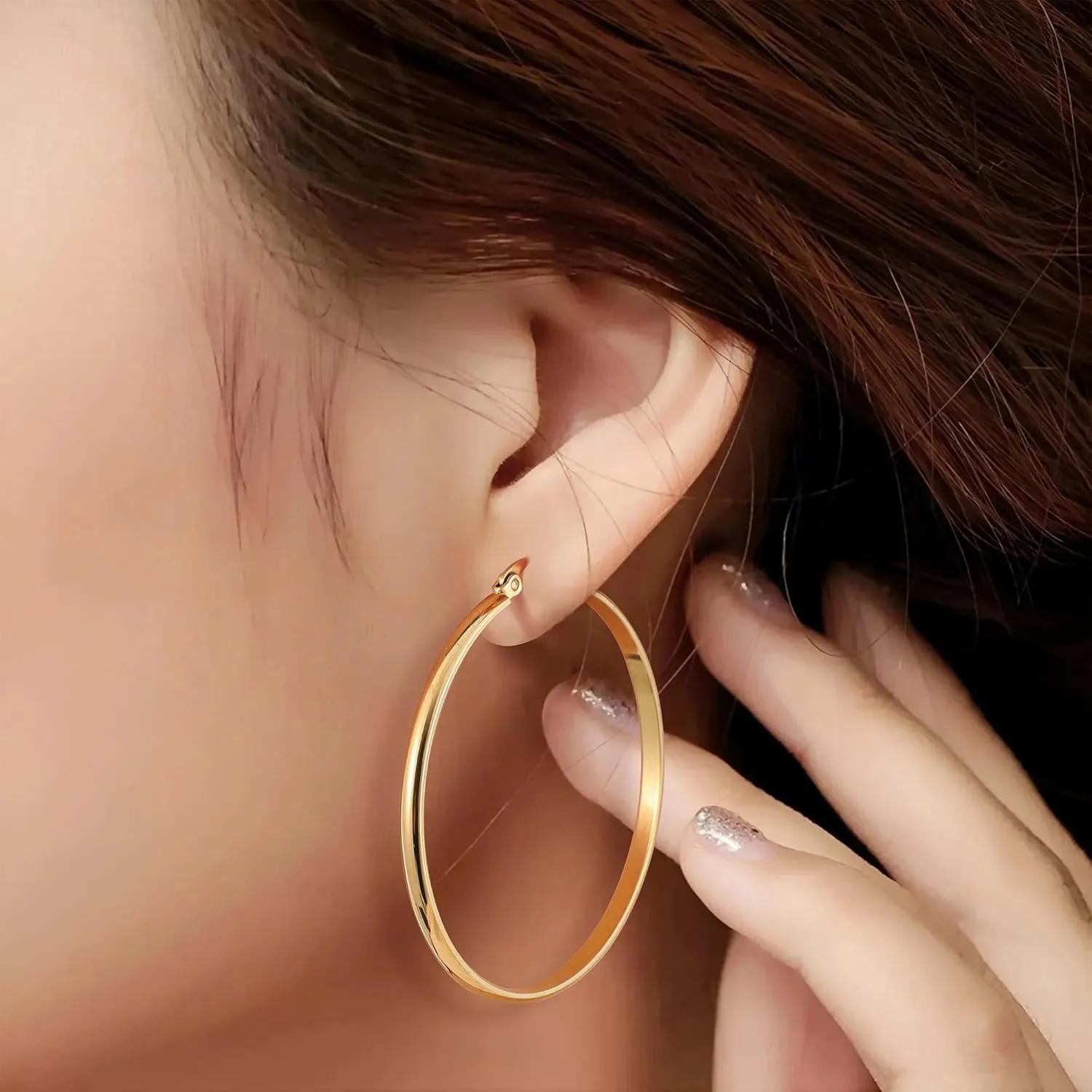 sovesi 3mm Wide Gold Hoop Earrings for Women, 14K Gold Plated Hoop Earrings, Hypoallergenic Gold Hoops.