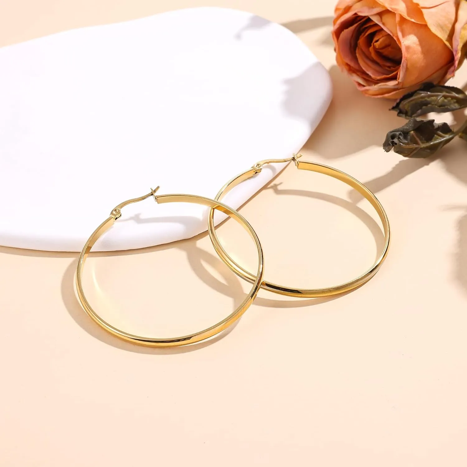sovesi 3mm Wide Gold Hoop Earrings for Women, 14K Gold Plated Hoop Earrings, Hypoallergenic Gold Hoops.
