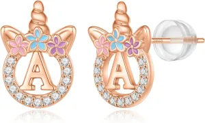 Unicorn Gifts for Girls - 14k Gold/White Gold/Rose Gold Plated Initial Earrings, Sterling Silver Post CZ Jewelry for Birthday