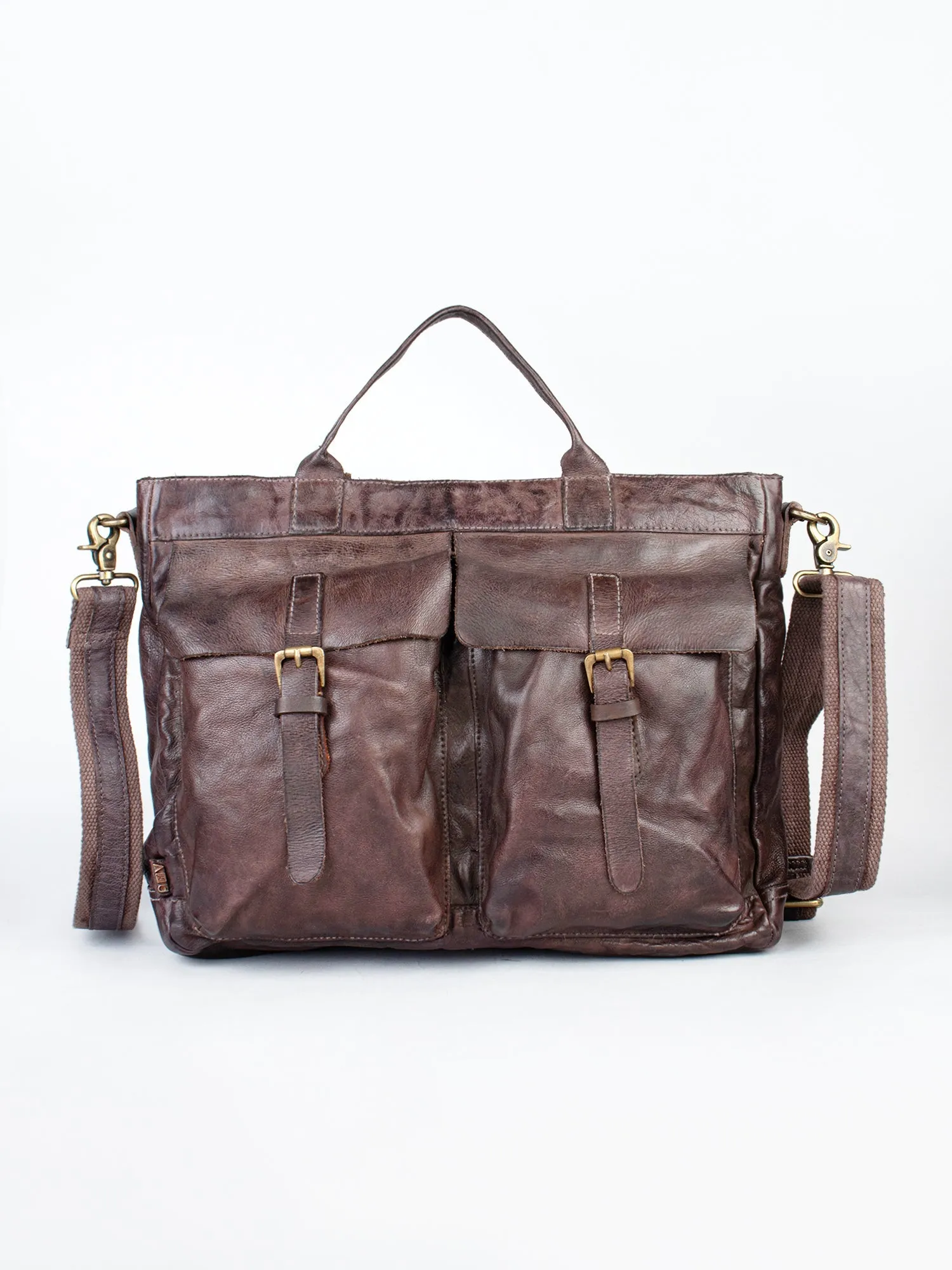 Vintage Cognac Leather Laptop Bag With Front Pocket For Men & Women