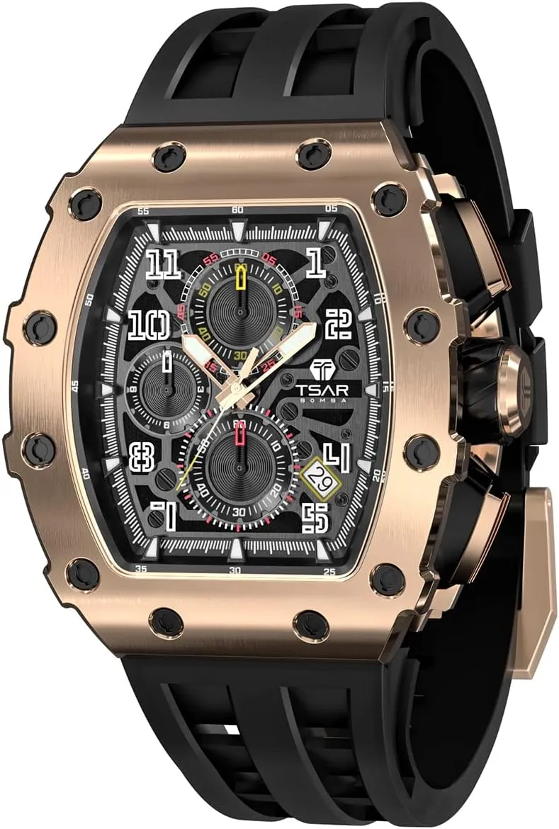 Watches Men Luxury Square Mens Watch Chronograph 50M Waterproof Sapphire Glass Japan Quartz Movement TMI VK67 Silicone Strap Classic Tonneau Design Luminous Calendar Wrist Watches
