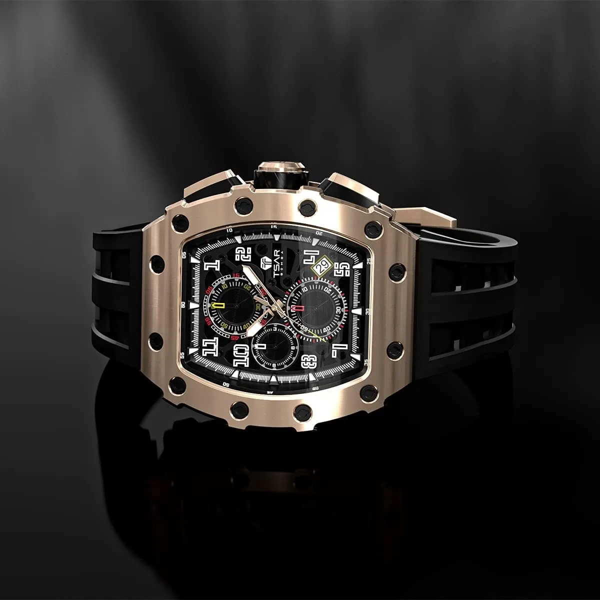 Watches Men Luxury Square Mens Watch Chronograph 50M Waterproof Sapphire Glass Japan Quartz Movement TMI VK67 Silicone Strap Classic Tonneau Design Luminous Calendar Wrist Watches