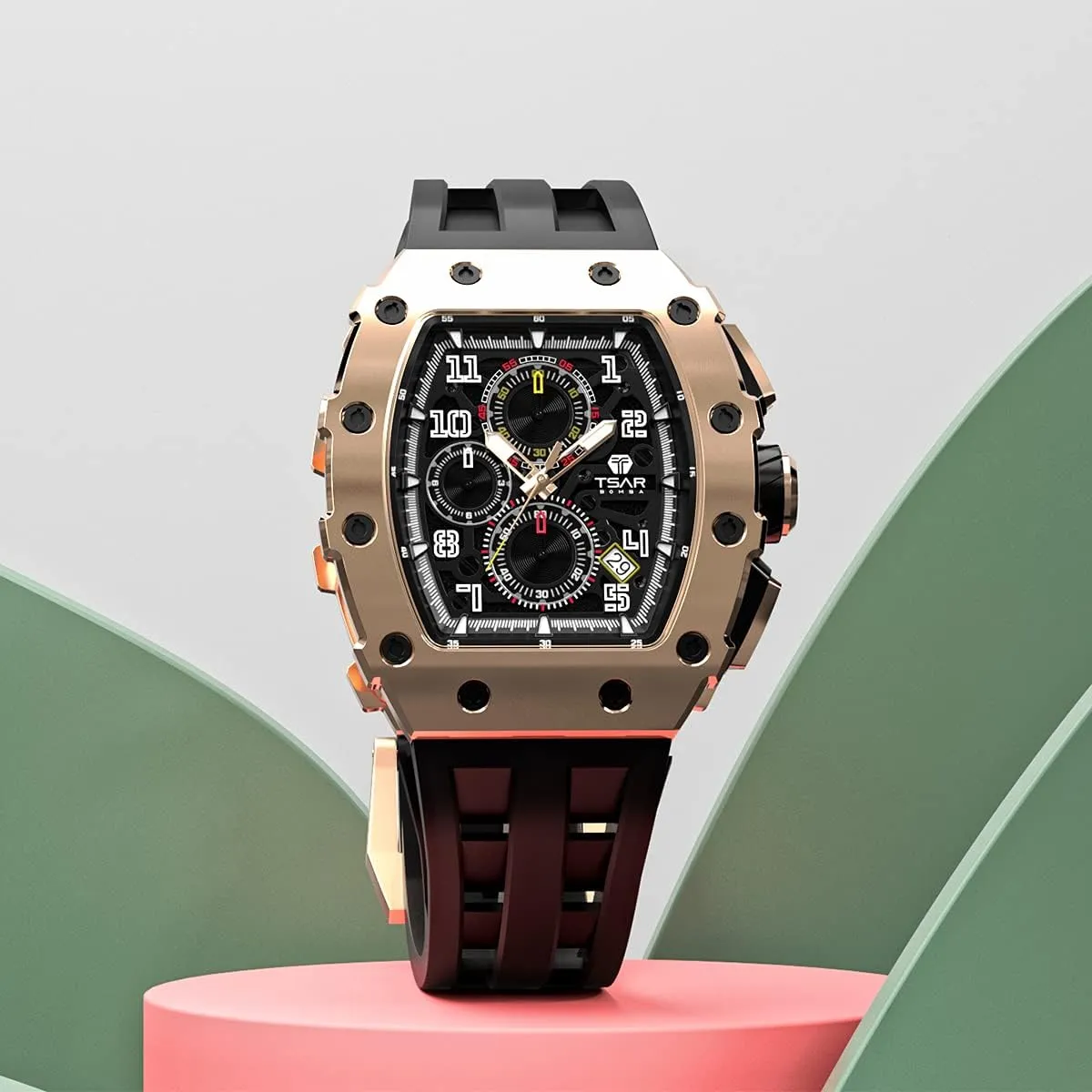 Watches Men Luxury Square Mens Watch Chronograph 50M Waterproof Sapphire Glass Japan Quartz Movement TMI VK67 Silicone Strap Classic Tonneau Design Luminous Calendar Wrist Watches