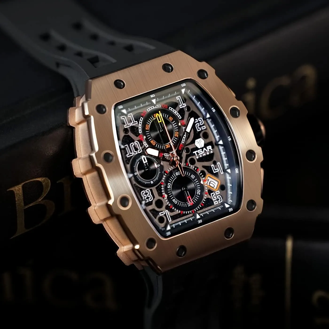 Watches Men Luxury Square Mens Watch Chronograph 50M Waterproof Sapphire Glass Japan Quartz Movement TMI VK67 Silicone Strap Classic Tonneau Design Luminous Calendar Wrist Watches