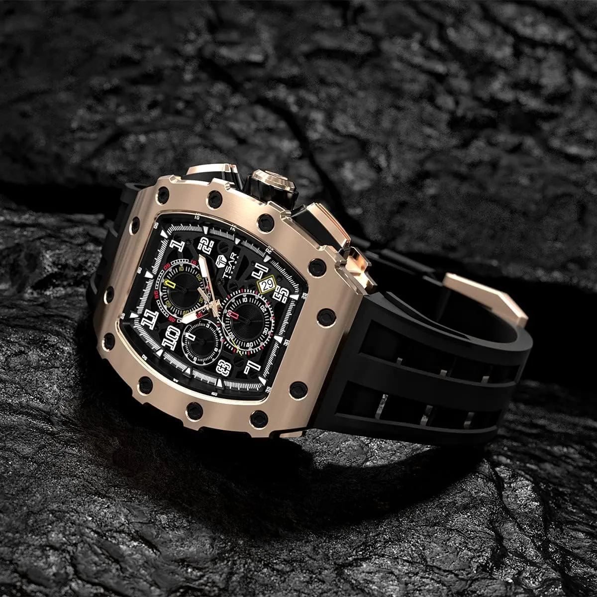 Watches Men Luxury Square Mens Watch Chronograph 50M Waterproof Sapphire Glass Japan Quartz Movement TMI VK67 Silicone Strap Classic Tonneau Design Luminous Calendar Wrist Watches